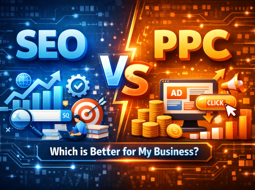 SEO vs PPC comparison with growth charts, ads dashboard, and digital marketing elements visual