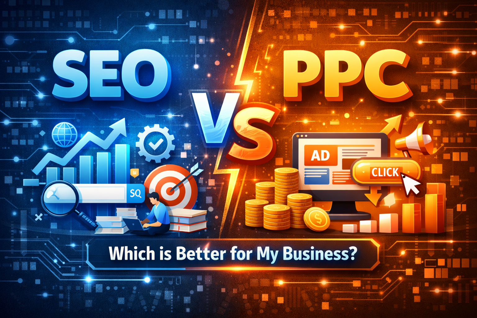 SEO vs PPC comparison with growth charts, ads dashboard, and digital marketing elements visual