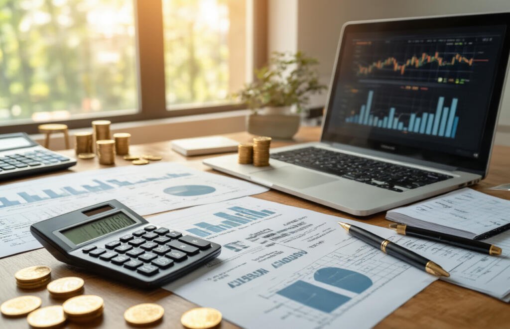 Financial analysis workspace with laptop charts, calculator, and coins on desk