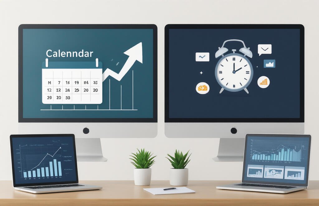Digital marketing analytics dashboard with calendar, growth chart, and time management icons