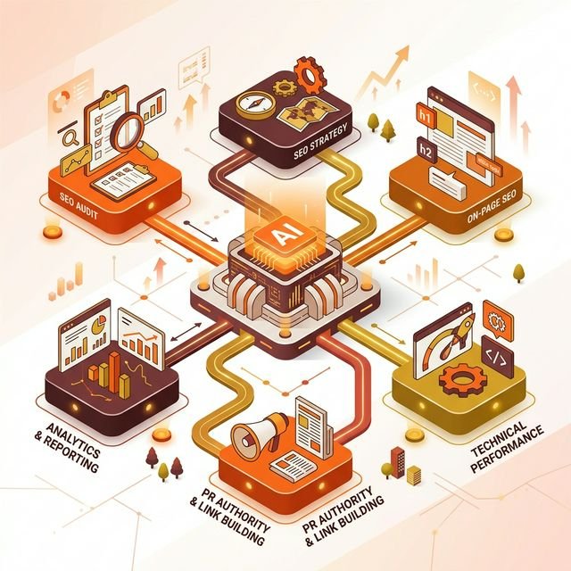 Professional SEO services illustrated as integrated AI-driven modules for audit, strategy, and analytics.
