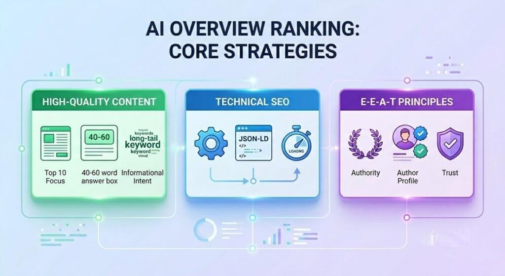 AI overview ranking strategies: content quality, technical SEO, and E-E-A-T principles overview
