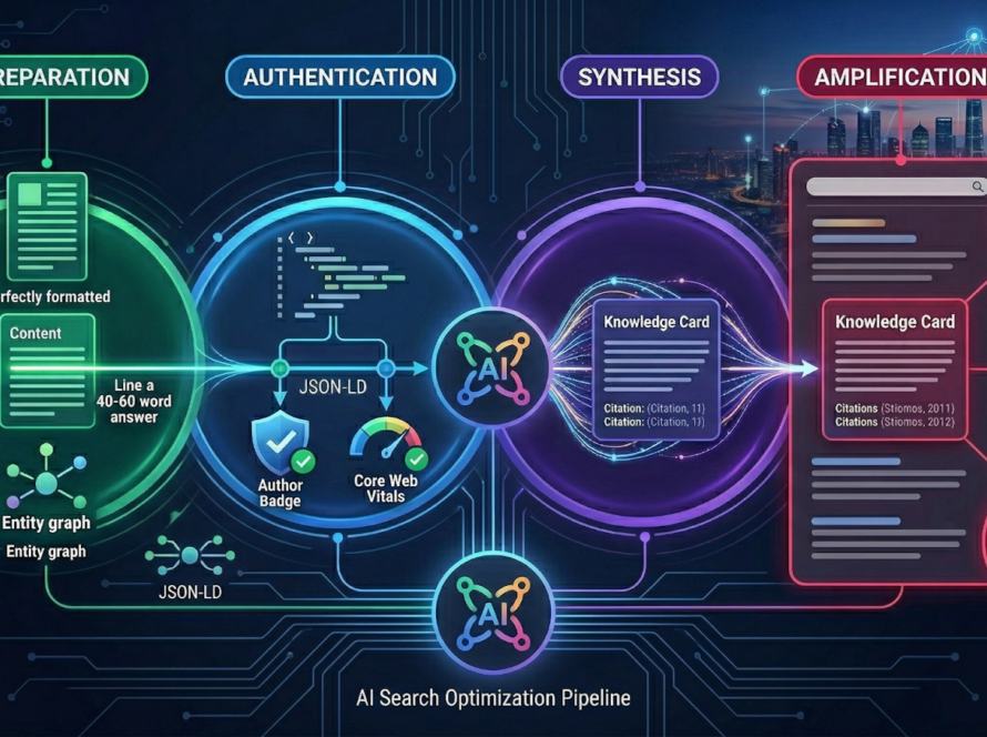 An infographic titled AI Search Optimization Pipeline illustrating the four-stage process of ranking in AI Overviews