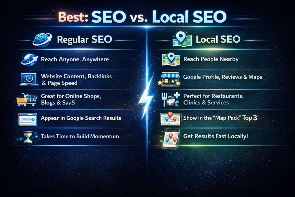 SEO vs Local SEO comparison showing reach, strategies, and search visibility differences